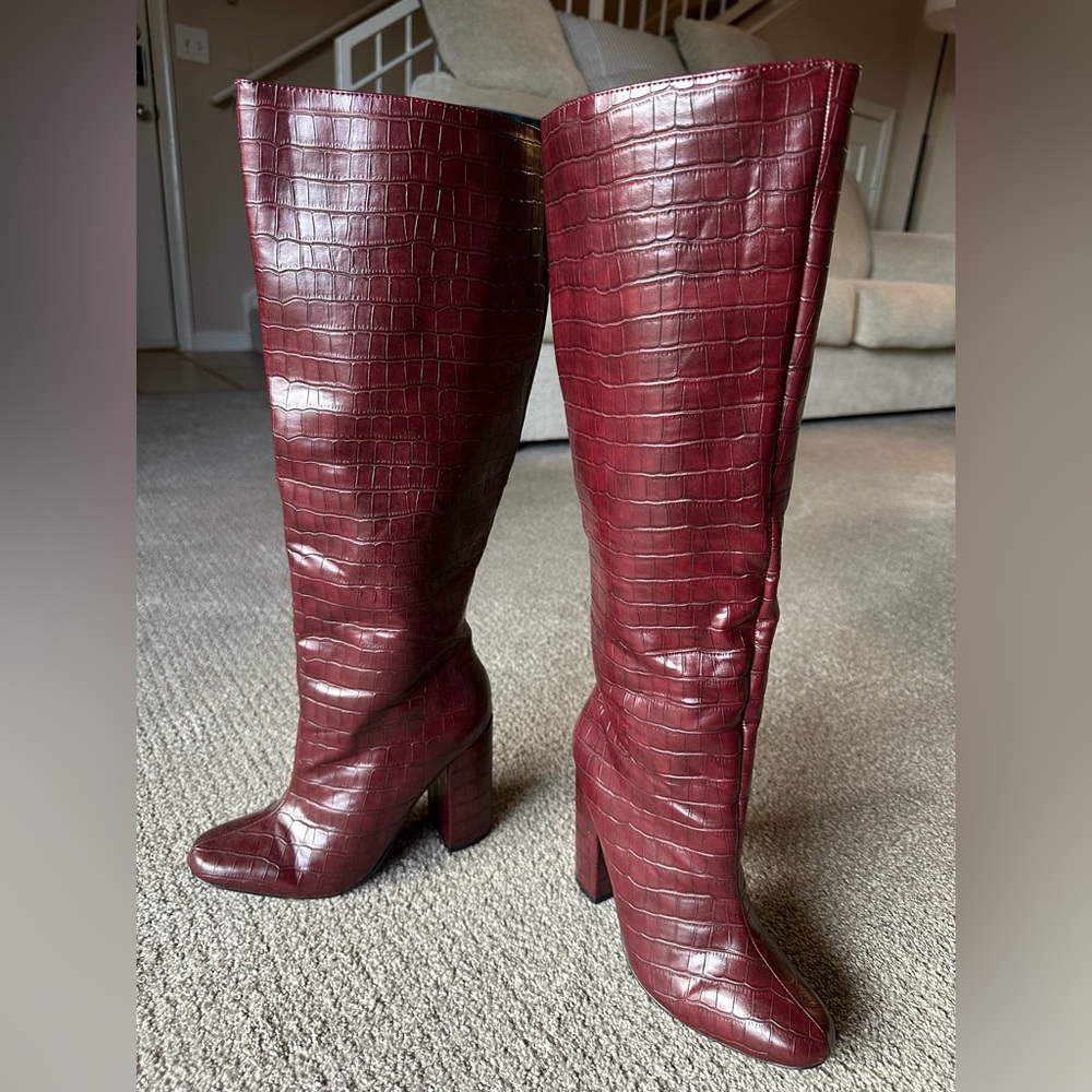 Croc-Embossed Burgundy Heeled Boots